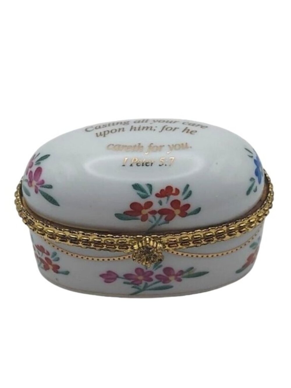 Imperial Porcelain Floral Hinged Oval Trinket Box w/ 1 Peter 5:7 Bible Verse - Picture 1 of 7